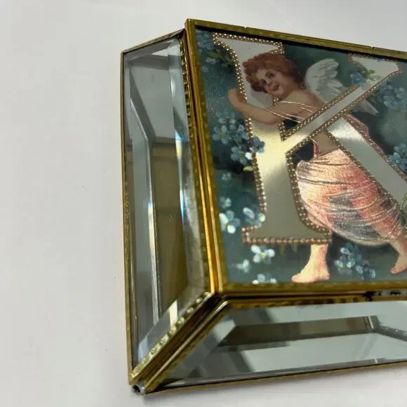 Beveled Glass Jewelry Trinket Box Victorian Style Angel Flowers Monogram K